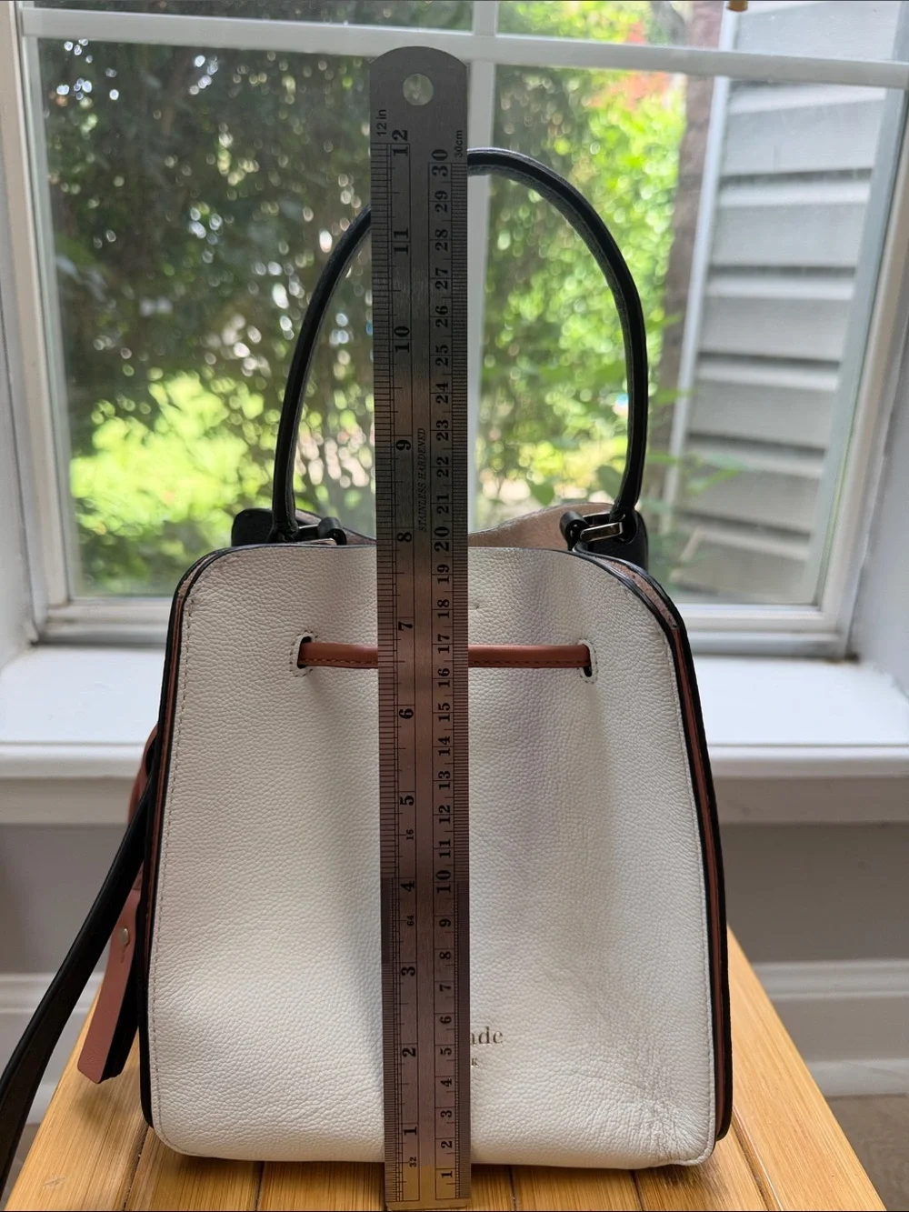 kate spade White Leather Bucket Crossbody with Tan Trim and Black Strap